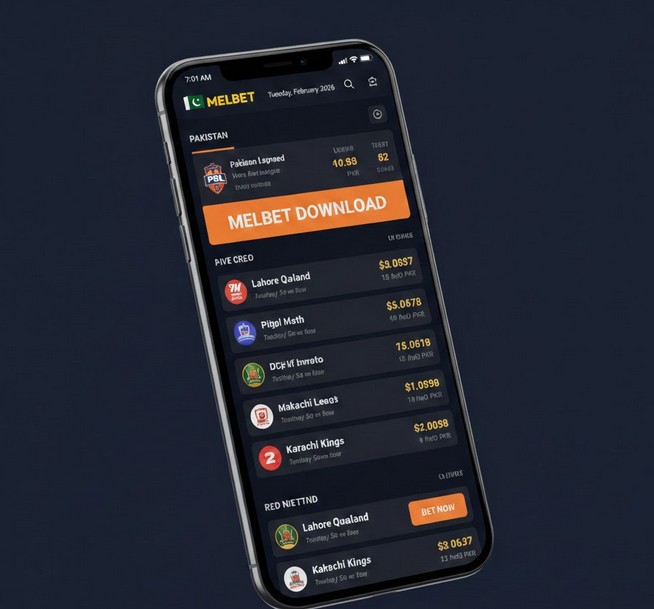 Melbet Pakistan official platform interface with app download options